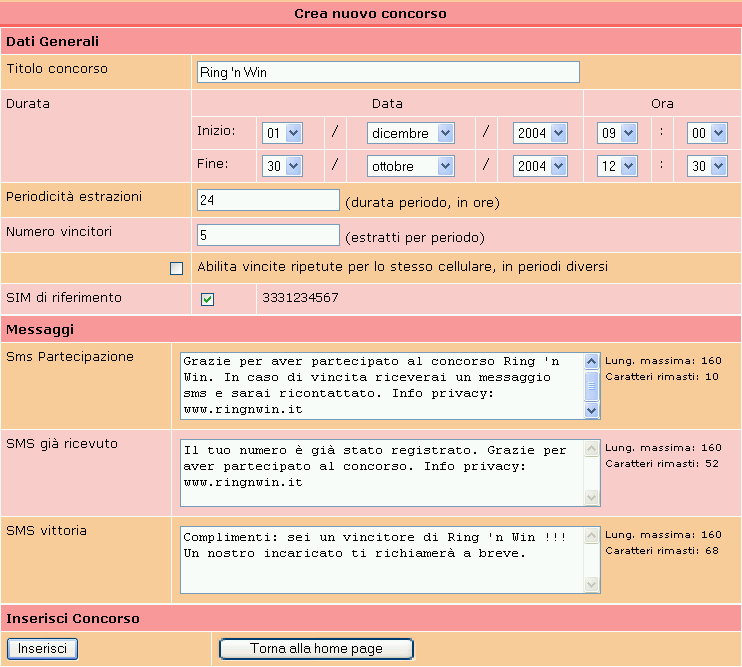 Inserimento caratteristiche concorso